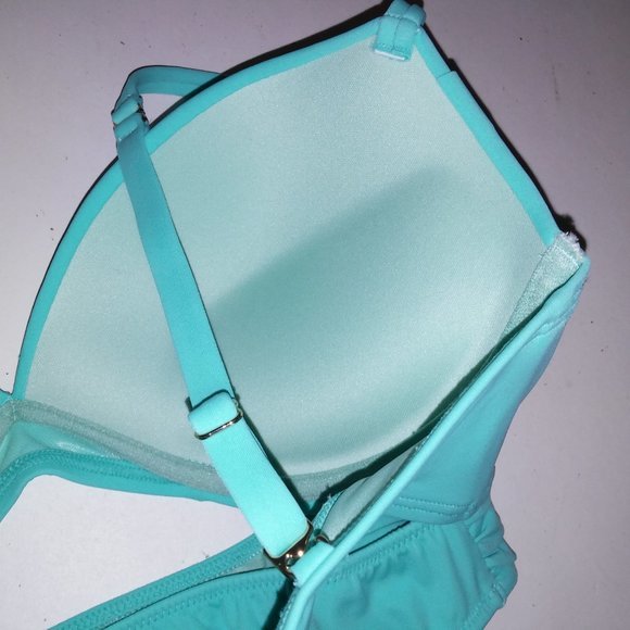 Victoria Secret Swim Bikini 32DD Top XS Bottom Aqua Seafoam Glow Push Up Halter - Picture 7 of 8